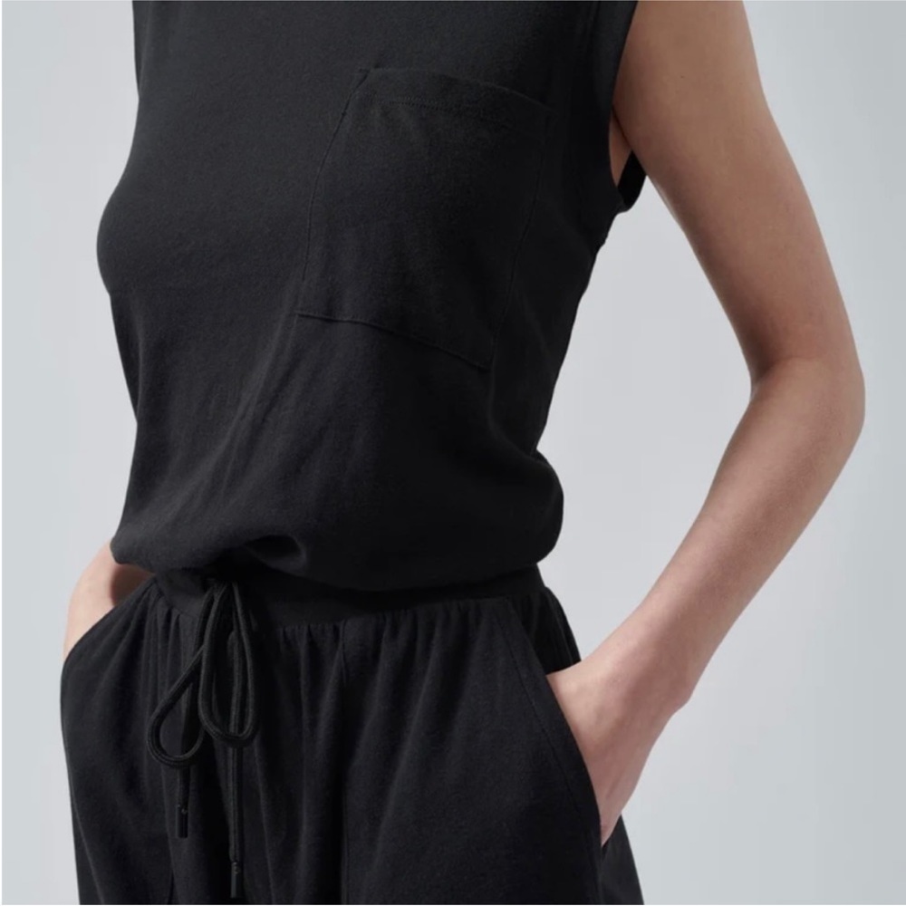 ATM High Torsion Black Drawstring Tank Muscle Sleeveless Casual Long Jumpsuit - Picture 2 of 11